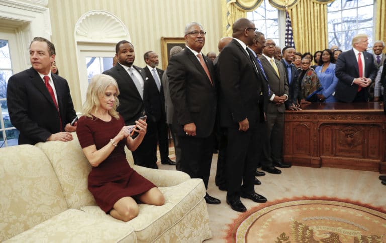 ‘I certainly meant no disrespect’: Conway addresses her pose in the Oval Office photo