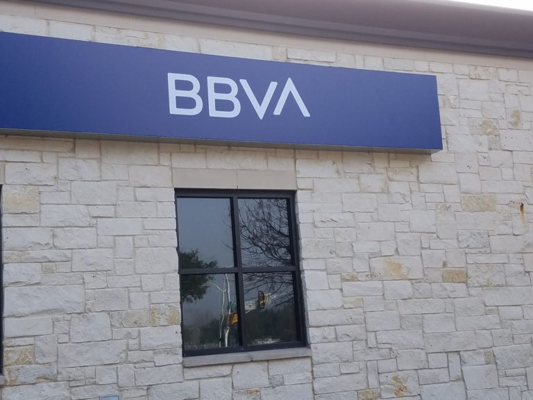 BBVA bank branches installing new brand, logo on signage